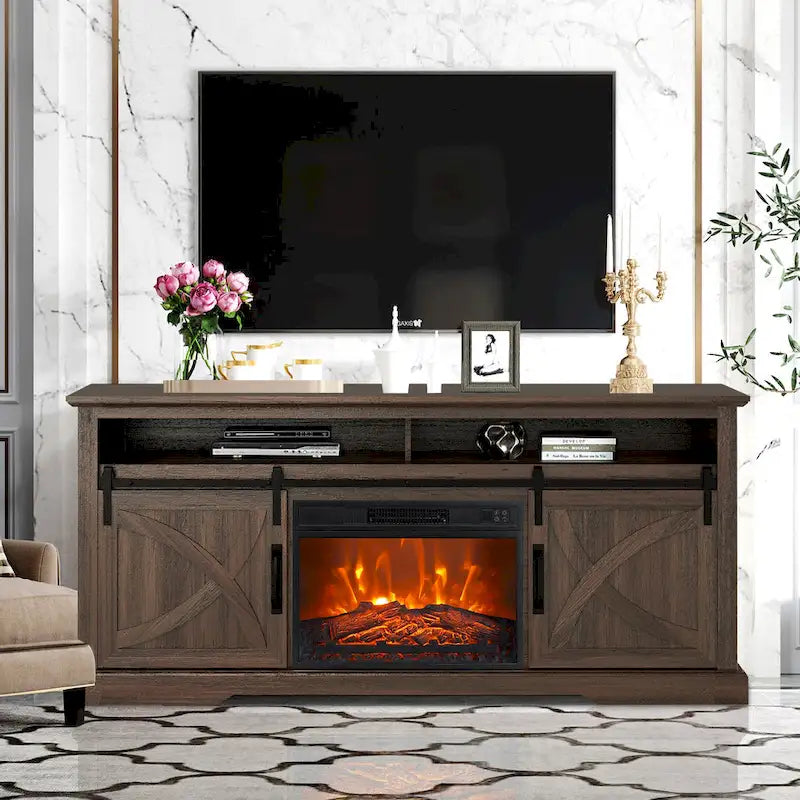68 Farmhouse Sliding Barn Door Fireplace TV Stands Console Table with 23 Electric Fireplace