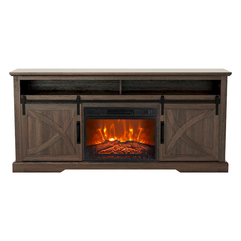 68 Farmhouse Sliding Barn Door Fireplace TV Stands Console Table with 23 Electric Fireplace