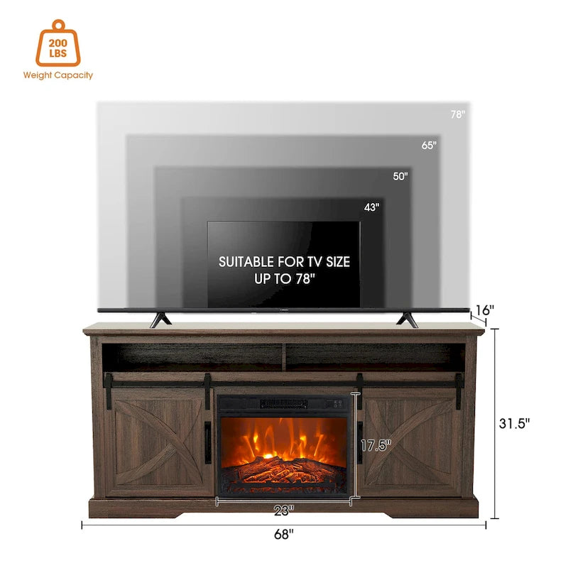 68 Farmhouse Sliding Barn Door Fireplace TV Stands Console Table with 23 Electric Fireplace