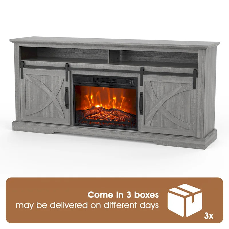 68 Farmhouse Sliding Barn Door Fireplace TV Stands Console Table with 23 Electric Fireplace
