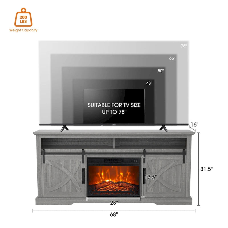 68 Farmhouse Sliding Barn Door Fireplace TV Stands Console Table with 23 Electric Fireplace