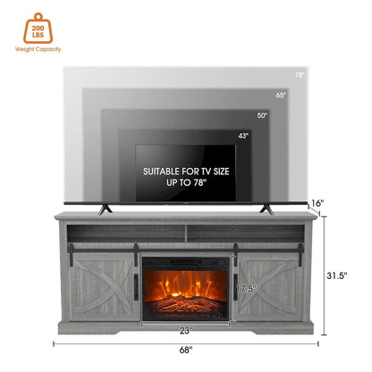 68 Farmhouse Sliding Barn Door Fireplace TV Stands Console Table with 23 Electric Fireplace