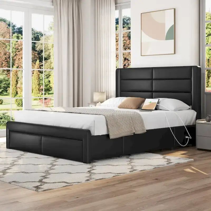 Yaheetech Upholstered Bed Frame with 4 Storage Drawers and Built-In USB Ports