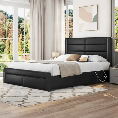 Yaheetech Upholstered Bed Frame with 4 Storage Drawers and Built-In USB Ports