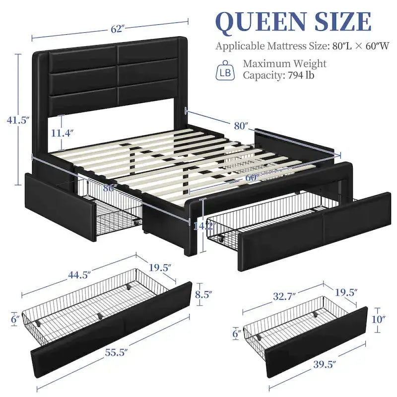 Yaheetech Upholstered Bed Frame with 4 Storage Drawers and Built-In USB Ports