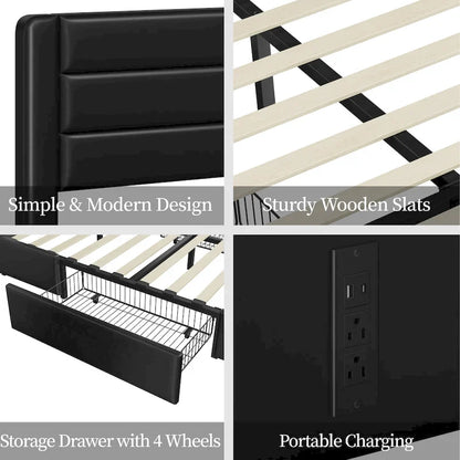 Yaheetech Upholstered Bed Frame with 4 Storage Drawers and Built-In USB Ports