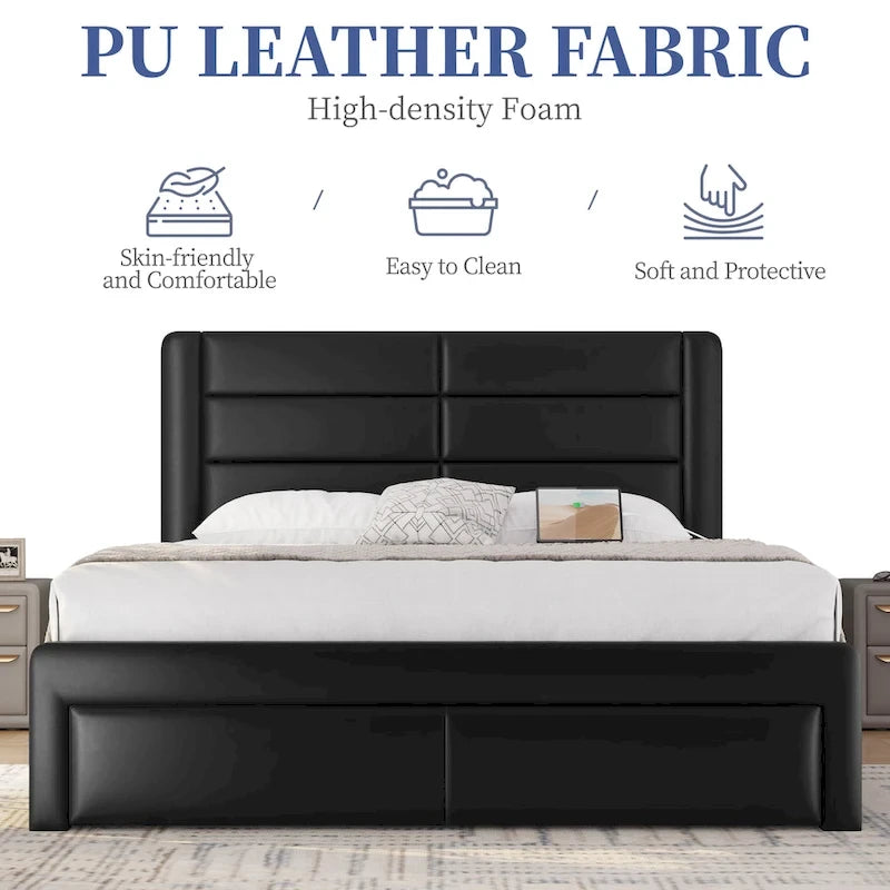 Yaheetech Upholstered Bed Frame with 4 Storage Drawers and Built-In USB Ports