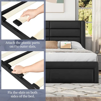 Yaheetech Upholstered Bed Frame with 4 Storage Drawers and Built-In USB Ports