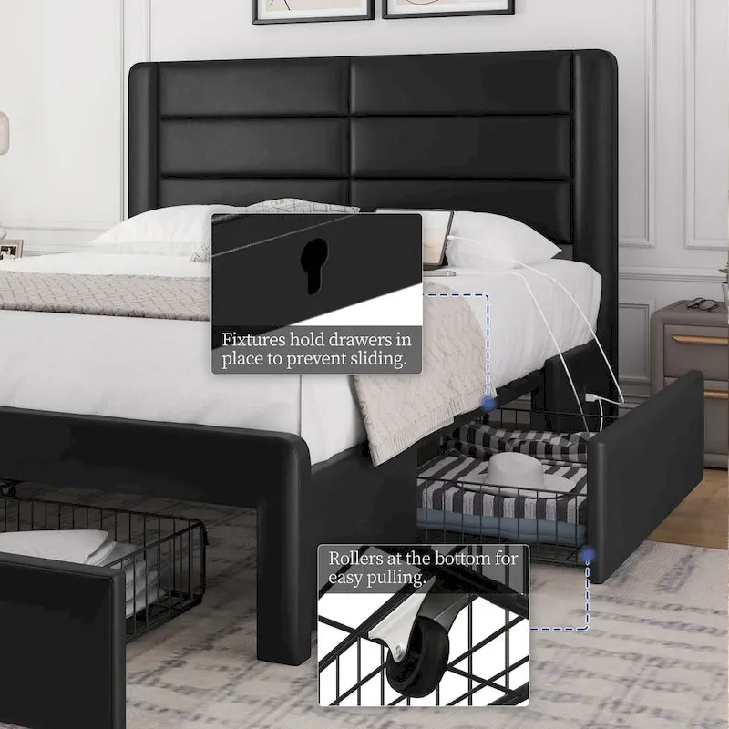 Yaheetech Upholstered Bed Frame with 4 Storage Drawers and Built-In USB Ports