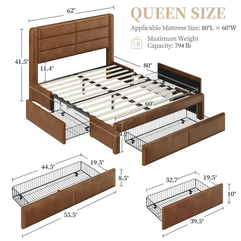 Yaheetech Upholstered Bed Frame with 4 Storage Drawers and Built-In USB Ports