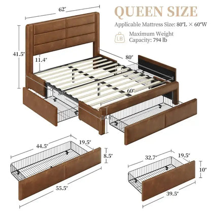 Yaheetech Upholstered Bed Frame with 4 Storage Drawers and Built-In USB Ports