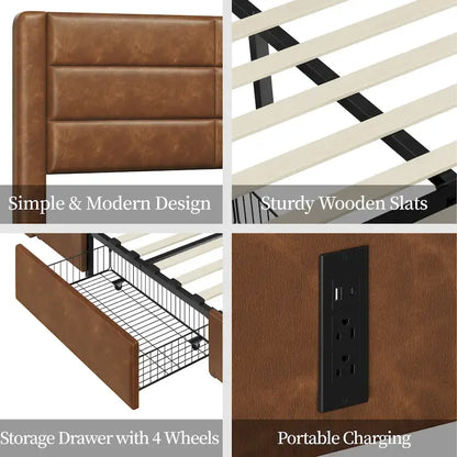 Yaheetech Upholstered Bed Frame with 4 Storage Drawers and Built-In USB Ports