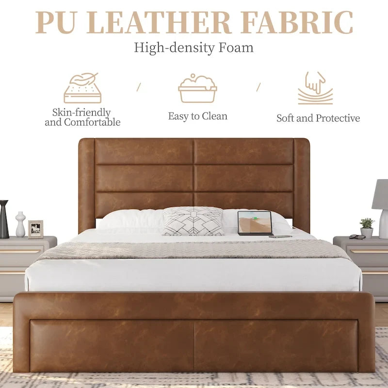 Yaheetech Upholstered Bed Frame with 4 Storage Drawers and Built-In USB Ports