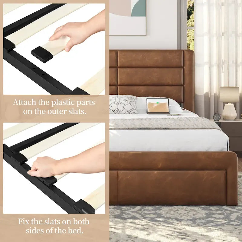 Yaheetech Upholstered Bed Frame with 4 Storage Drawers and Built-In USB Ports