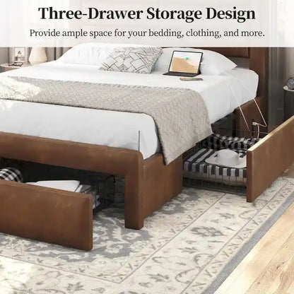 Yaheetech Upholstered Bed Frame with 4 Storage Drawers and Built-In USB Ports