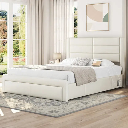 Yaheetech Upholstered Bed Frame with 4 Storage Drawers and Built-In USB Ports