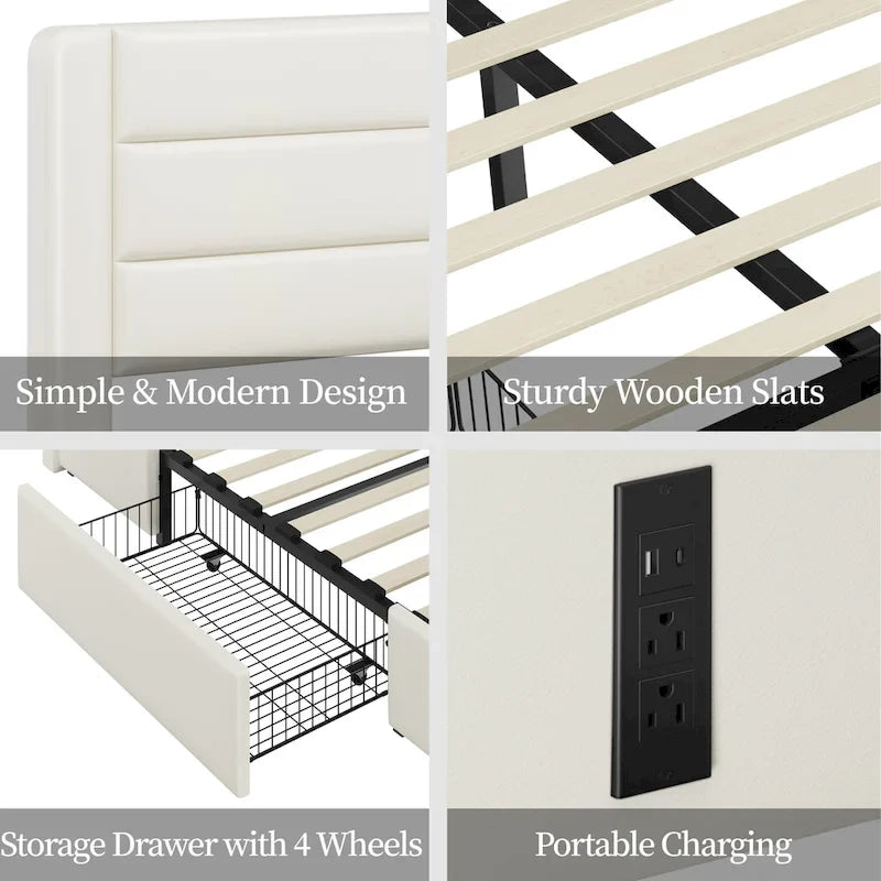Yaheetech Upholstered Bed Frame with 4 Storage Drawers and Built-In USB Ports