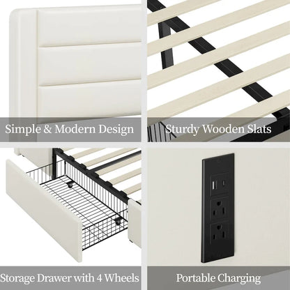 Yaheetech Upholstered Bed Frame with 4 Storage Drawers and Built-In USB Ports
