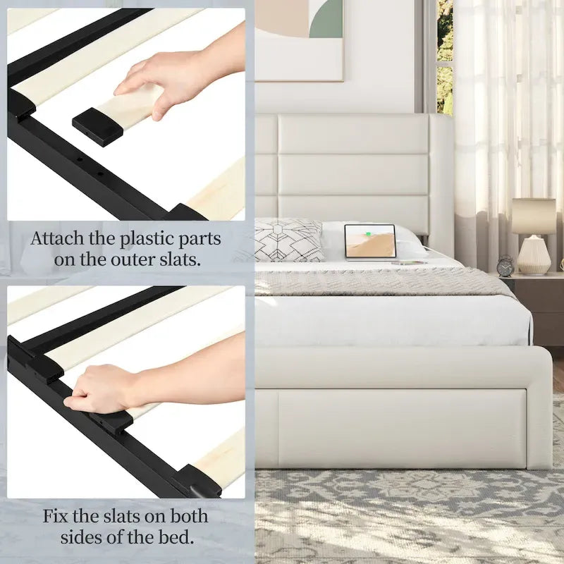 Yaheetech Upholstered Bed Frame with 4 Storage Drawers and Built-In USB Ports