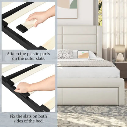 Yaheetech Upholstered Bed Frame with 4 Storage Drawers and Built-In USB Ports