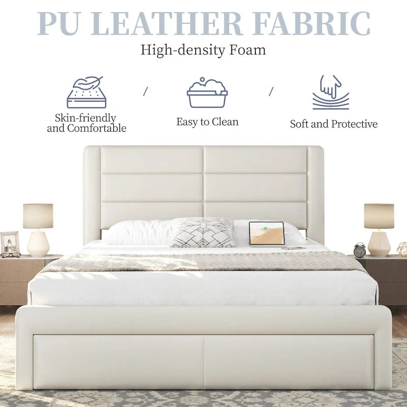 Yaheetech Upholstered Bed Frame with 4 Storage Drawers and Built-In USB Ports