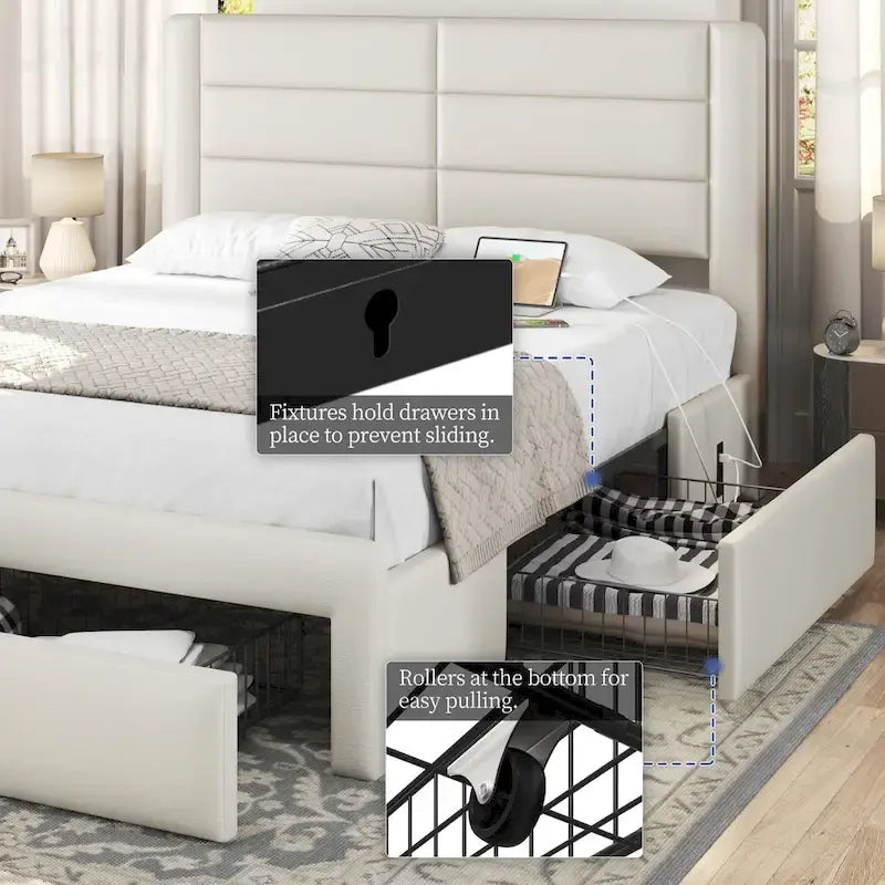 Yaheetech Upholstered Bed Frame with 4 Storage Drawers and Built-In USB Ports
