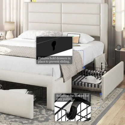 Yaheetech Upholstered Bed Frame with 4 Storage Drawers and Built-In USB Ports