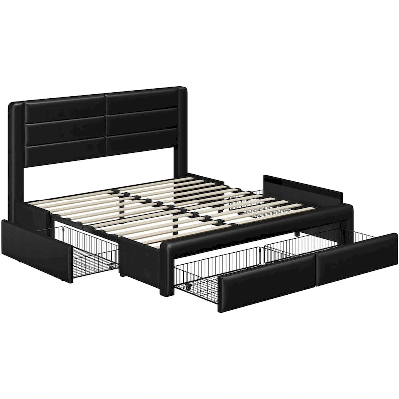 Yaheetech Upholstered Bed Frame with 4 Storage Drawers and Built-In USB Ports