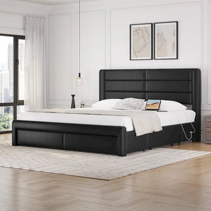 Yaheetech Upholstered Bed Frame with 4 Storage Drawers and Built-In USB Ports