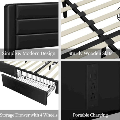 Yaheetech Upholstered Bed Frame with 4 Storage Drawers and Built-In USB Ports