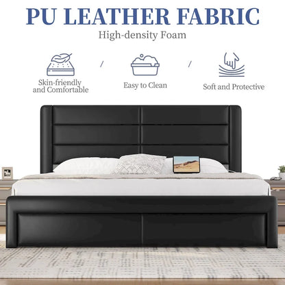 Yaheetech Upholstered Bed Frame with 4 Storage Drawers and Built-In USB Ports