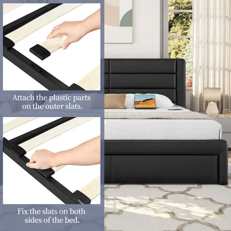 Yaheetech Upholstered Bed Frame with 4 Storage Drawers and Built-In USB Ports