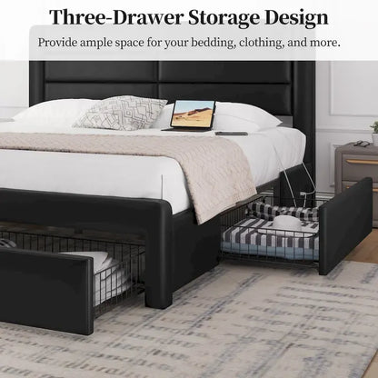 Yaheetech Upholstered Bed Frame with 4 Storage Drawers and Built-In USB Ports