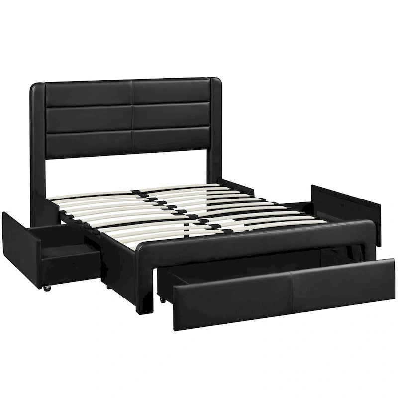 Yaheetech Upholstered Bed Frame with 4 Storage Drawers and Built-In USB Ports