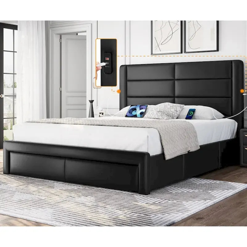 Yaheetech Upholstered Bed Frame with 4 Storage Drawers and Built-In USB Ports