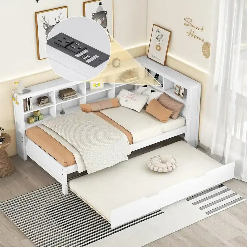 Twin/Full Size Daybed with Twin Trundle, Daybed with Storage Shelf and USB Charging Ports