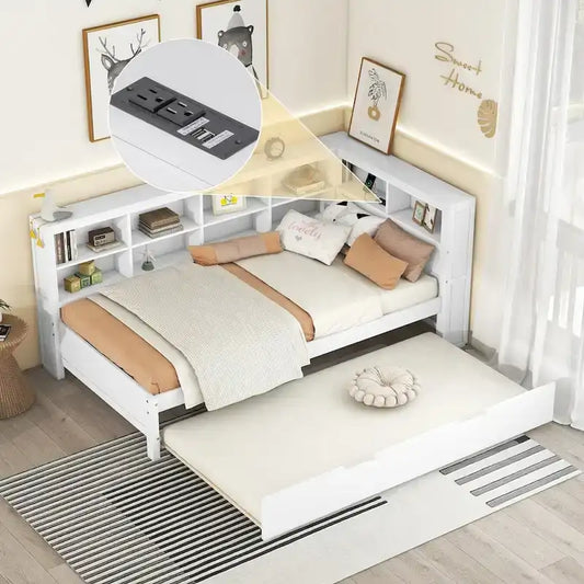 Twin/Full Size Daybed with Twin Trundle, Daybed with Storage Shelf and USB Charging Ports