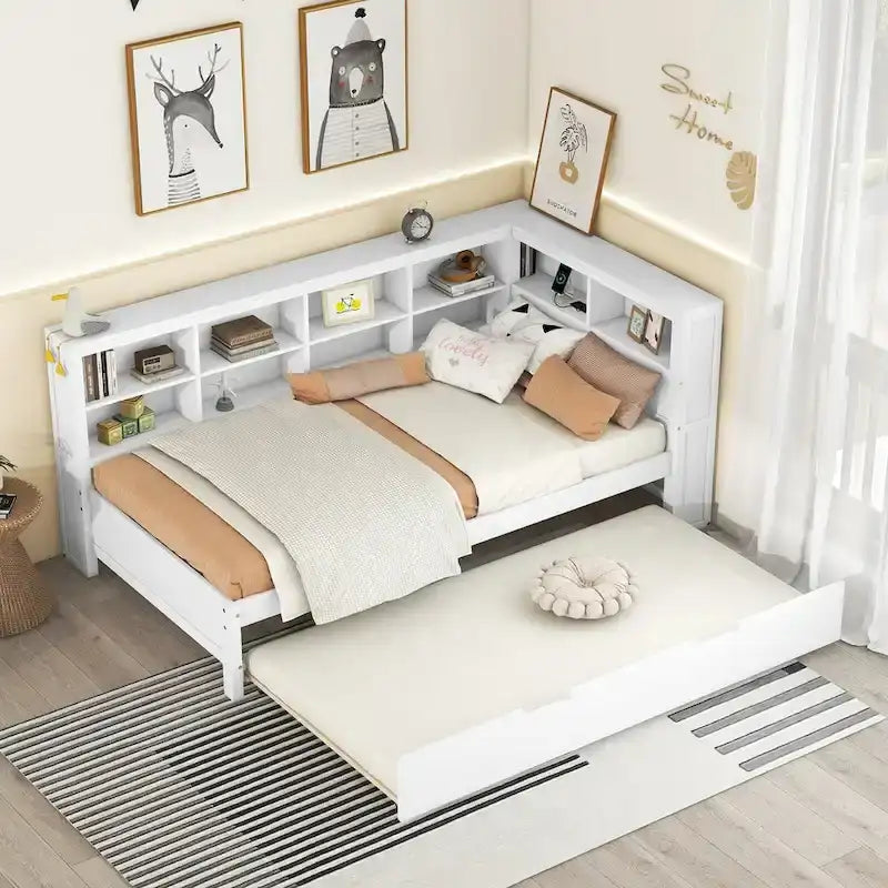 Twin/Full Size Daybed with Twin Trundle, Daybed with Storage Shelf and USB Charging Ports