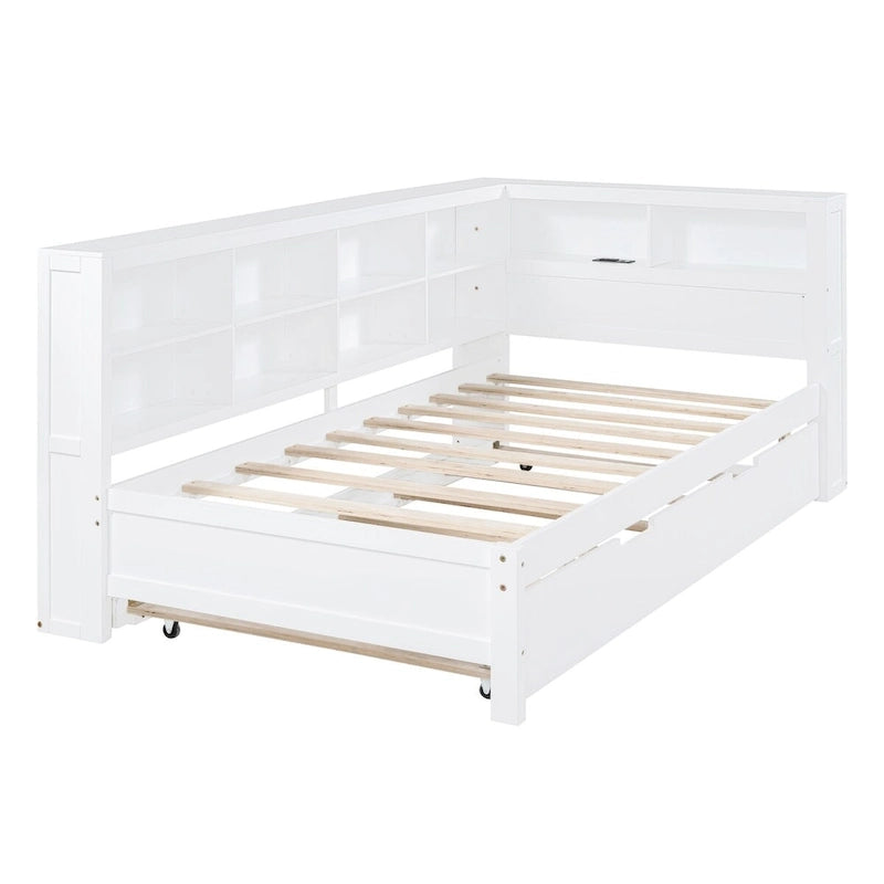 Twin/Full Size Daybed with Twin Trundle, Daybed with Storage Shelf and USB Charging Ports