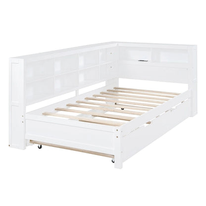 Twin/Full Size Daybed with Twin Trundle, Daybed with Storage Shelf and USB Charging Ports