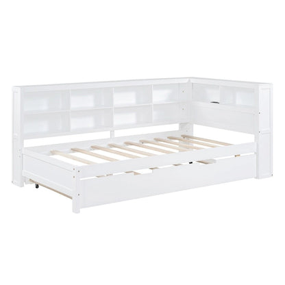 Twin/Full Size Daybed with Twin Trundle, Daybed with Storage Shelf and USB Charging Ports