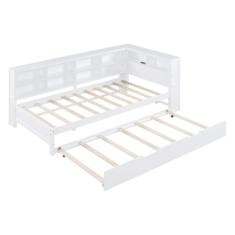 Twin/Full Size Daybed with Twin Trundle, Daybed with Storage Shelf and USB Charging Ports