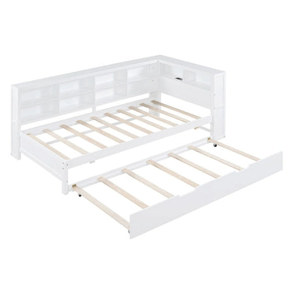 Twin/Full Size Daybed with Twin Trundle, Daybed with Storage Shelf and USB Charging Ports