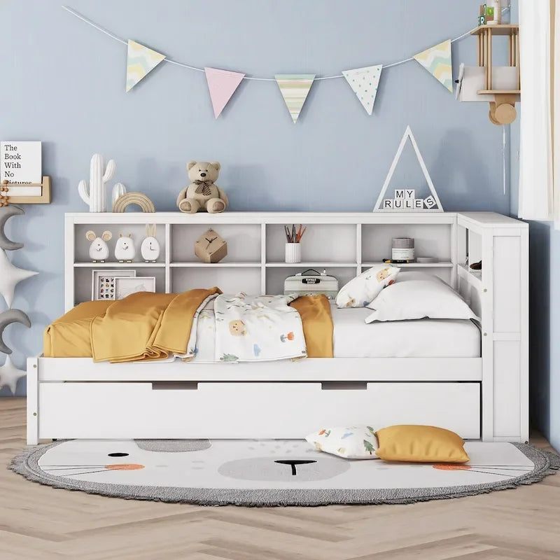 Twin/Full Size Daybed with Twin Trundle, Daybed with Storage Shelf and USB Charging Ports