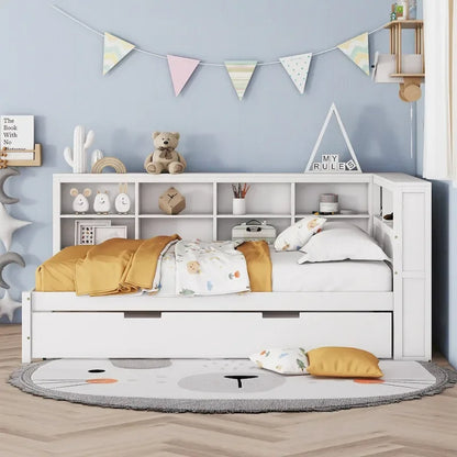 Twin/Full Size Daybed with Twin Trundle, Daybed with Storage Shelf and USB Charging Ports