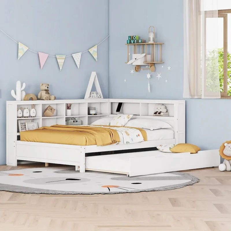 Twin/Full Size Daybed with Twin Trundle, Daybed with Storage Shelf and USB Charging Ports