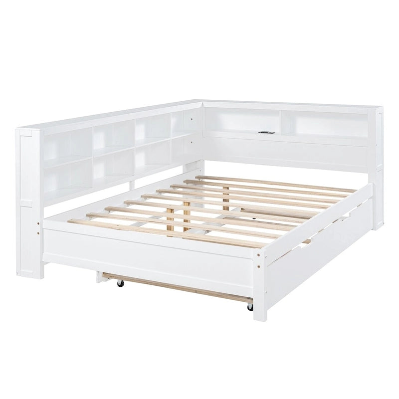 Twin/Full Size Daybed with Twin Trundle, Daybed with Storage Shelf and USB Charging Ports
