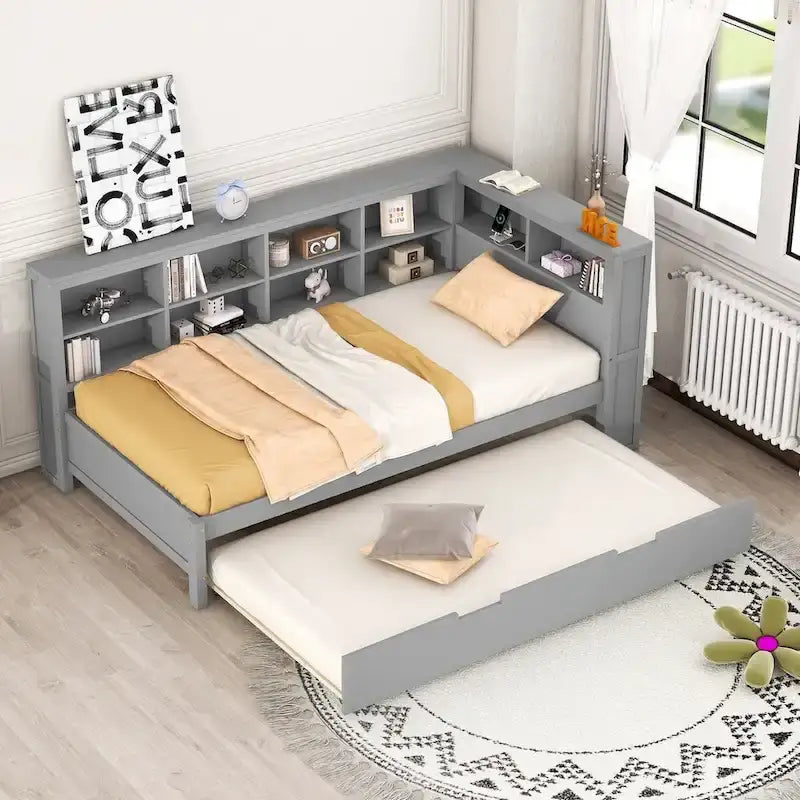 Twin/Full Size Daybed with Twin Trundle, Daybed with Storage Shelf and USB Charging Ports