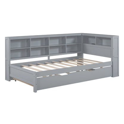 Twin/Full Size Daybed with Twin Trundle, Daybed with Storage Shelf and USB Charging Ports