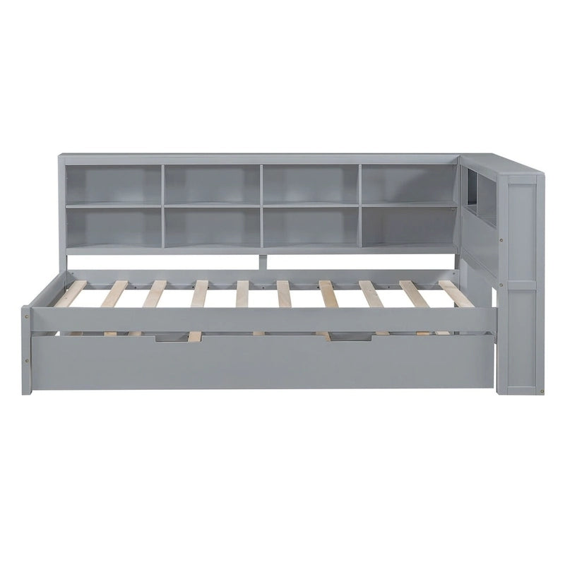 Twin/Full Size Daybed with Twin Trundle, Daybed with Storage Shelf and USB Charging Ports